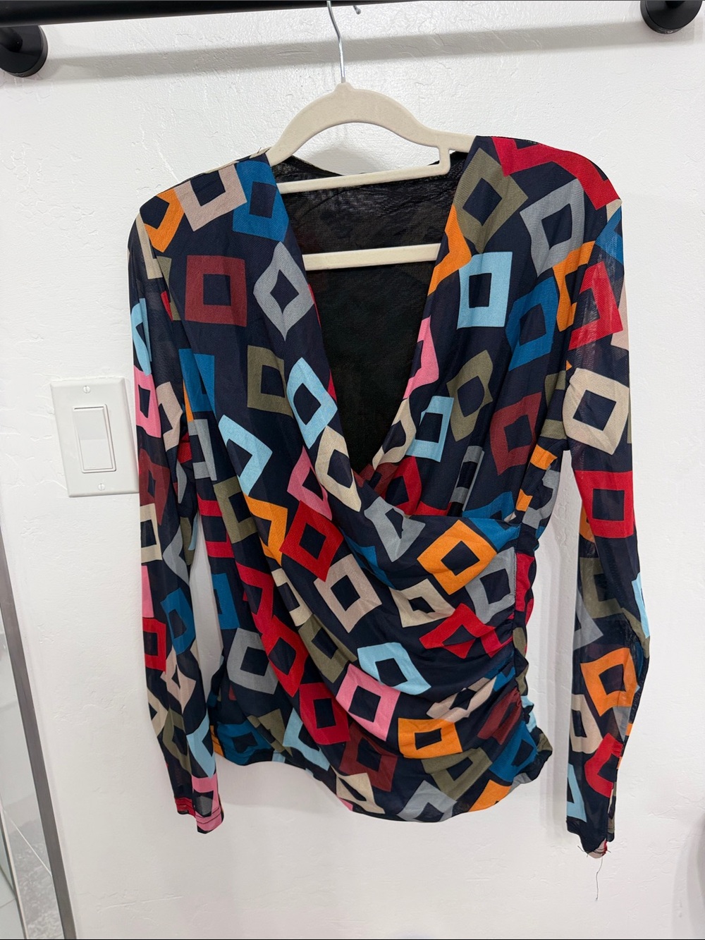 Geometric Print Wrap-Front Long Sleeve Top - Multi